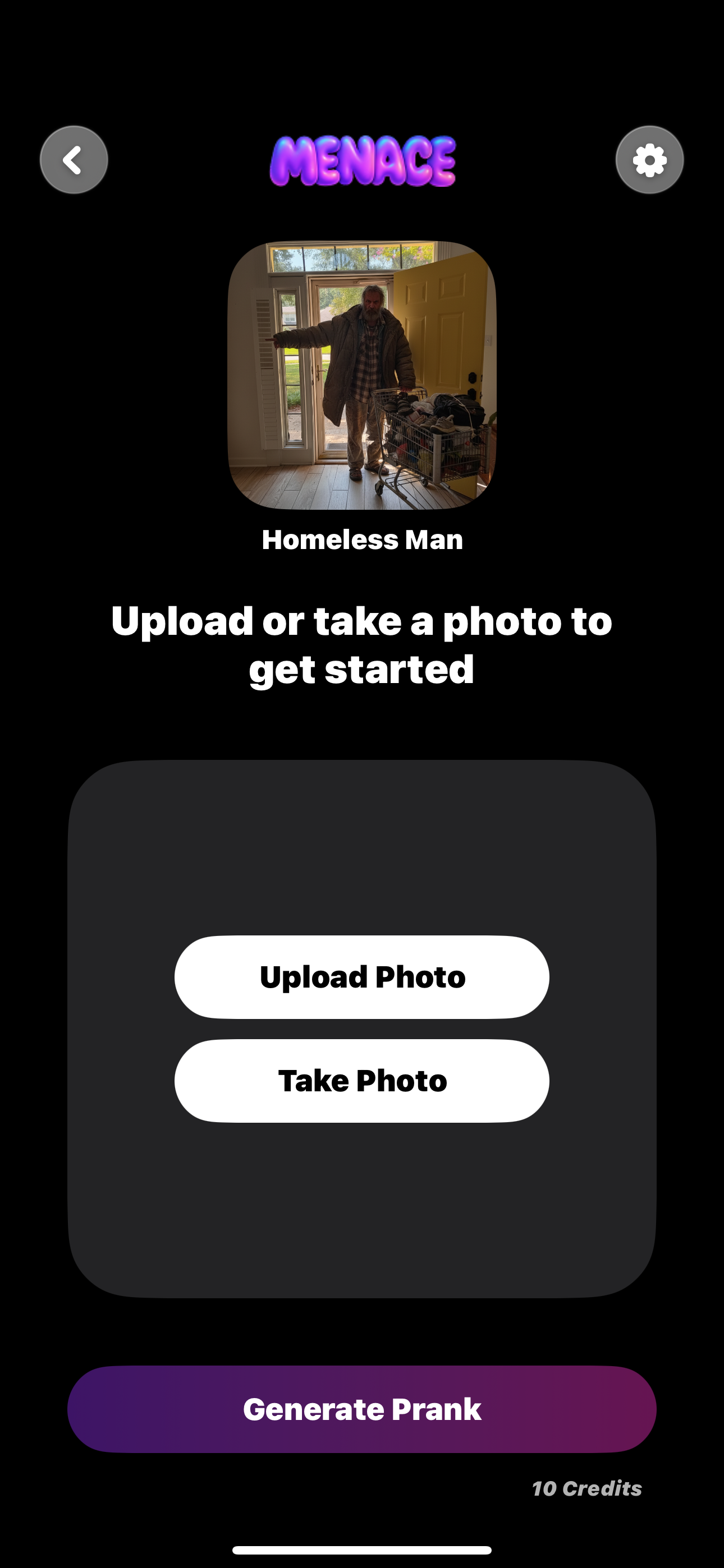 Selecting the Homeless Man prompt in Menace AI app